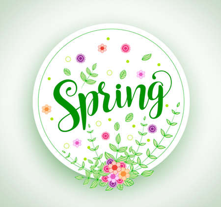 Spring vector design typography in circle with colorful flowers and plants elements in white background for spring season. Vector illustration.のイラスト素材