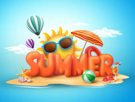 Summer vector banner design concept of 3d text in beach island with summer elements and balloons in blue sky background. Vector illustration.のイラスト素材