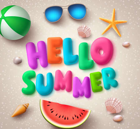 Hello summer colorful text vector banner in the beach with elements like sunglasses, sea shells and watermelon in sand background. Vector illustration.のイラスト素材