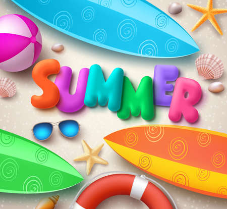 Summer holiday vector background in beach with colorful summer text, surfboards and elements in the sand for tropical season. Vector illustration.のイラスト素材