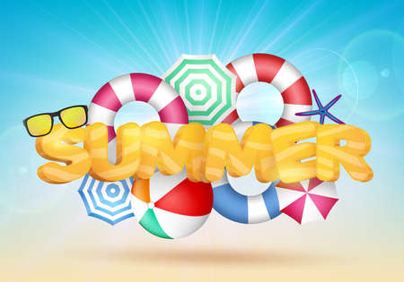 3D Summer Text Vector Illustration with Beach Umbrellas and Beach Ballのイラスト素材