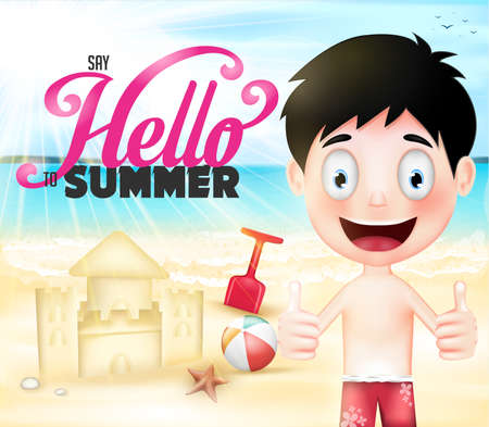 Say Hello to Summer Happy Boy Playing Sand Castle at the Seashore Vector Illustrationのイラスト素材