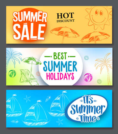 Summer sale and summer holidays vector web banner designs set.のイラスト素材