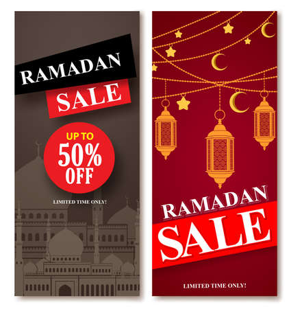 Ramadan sale vector web poster designs set with mosque and lantern elements in background for shopping discount promotion. Vector illustration.のイラスト素材