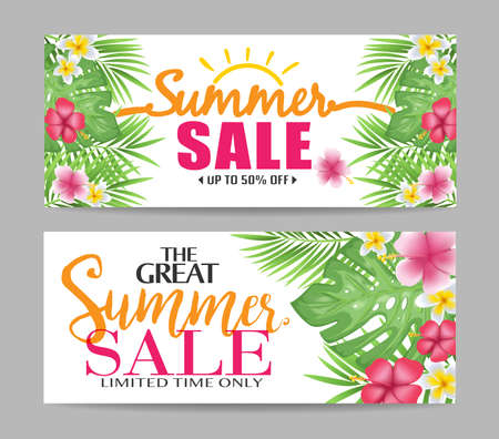 Floral Summer Sale Banners with Tropical Leaves and Colorful Flowers for Promotional Purposes Vector Illustrationのイラスト素材