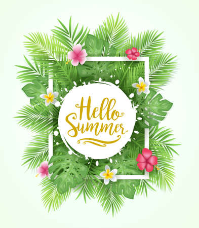Tropical Leaves Background Hello Summer Lettering Vector Illustration