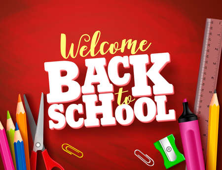 Back to school vector banner design in red texture background with school supplies and items and 3d title. Vector illustration.のイラスト素材