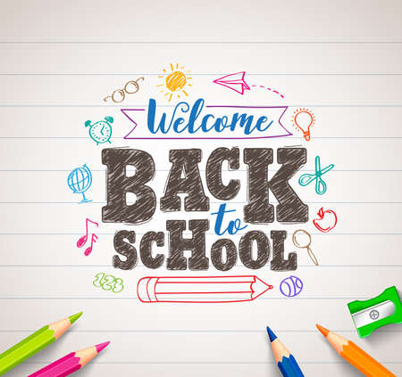 Back to school vector drawing in white paper with colorful crayons, coloring pens and elements. Vector illustration banner.のイラスト素材