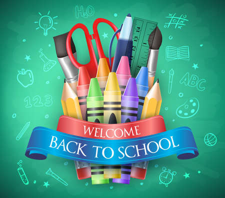 Welcome Back To School with Ribbon, Crayons and School Items in a Chalkboard. Vector Illustrationのイラスト素材