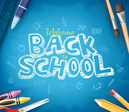 Back to School Text Written in Blue Chalkboard Background with School Items. Vector Illustrationのイラスト素材