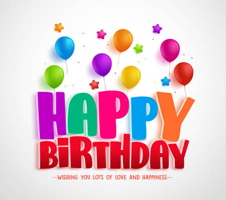 Happy birthday vector greeting card design for invitations and celebration with colorful balloons and stars in white background. Vector illustration.のイラスト素材