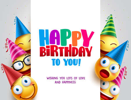 Happy birthday vector design with smileys wearing birthday hat in white empty space for message and text for party and celebration. Vector illustration.のイラスト素材