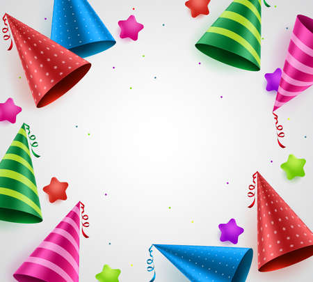 Birthday party celebration vector background with white empty space for text and colorful birthday hats and stars in white. Vector illustration.のイラスト素材