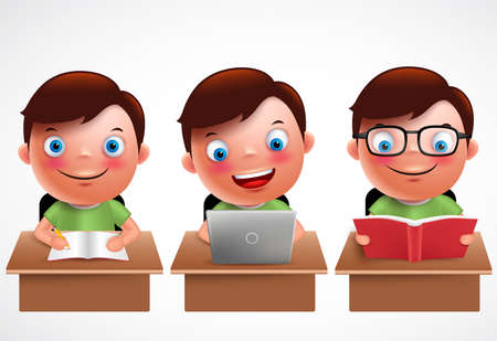 Boy kid vector characters set. Male preschool student studying, reading and browsing in laptop in the desk table with happy smile isolated in white background. Vector illustration.のイラスト素材