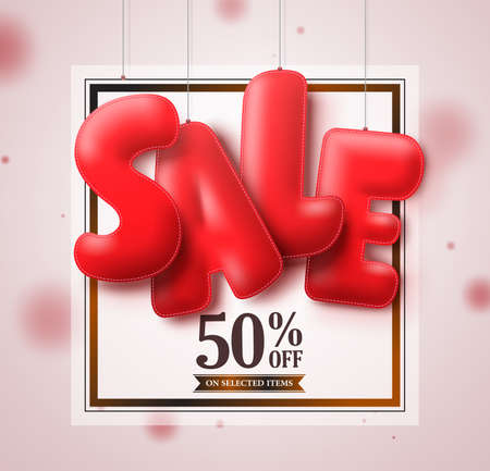 Sale balloons red 3D text hanging in white square background vector banner design for store marketing promotions.のイラスト素材