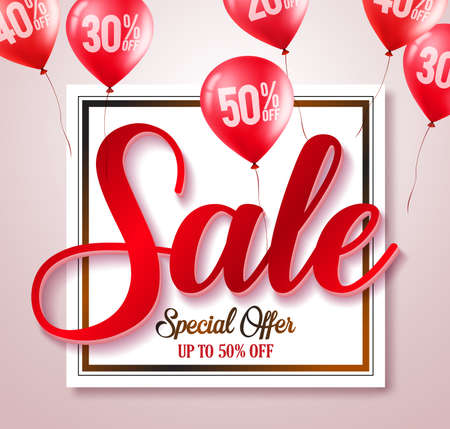Sale text typography vector banner with percent written in red balloons element in a white background for store marketing promotions.のイラスト素材