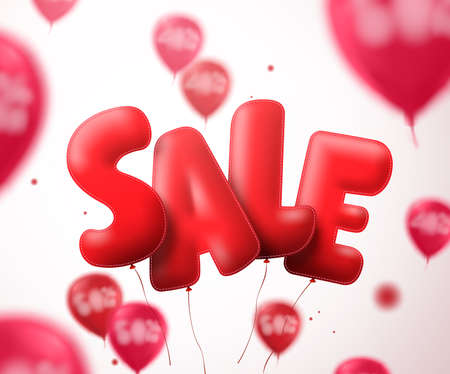 Sale balloon text vector banner design. Flying red sale shape with blurred balloons in a white background for store discount promotions.のイラスト素材