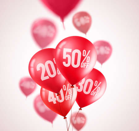 Red discount balloons vector design, Flying red balloons with 50 percent off in white background for store marketing promotion; Vector illustration.のイラスト素材