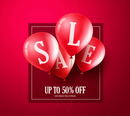 Red sale balloons vector banner design, Balloons with sale text flying in red background for store shopping promotion; Vector illustration.のイラスト素材
