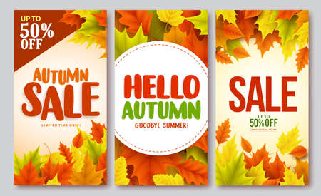 Autumn sale and hello autumn vector design set of posters and background for fall season with maple leaves. Vector illustration.のイラスト素材