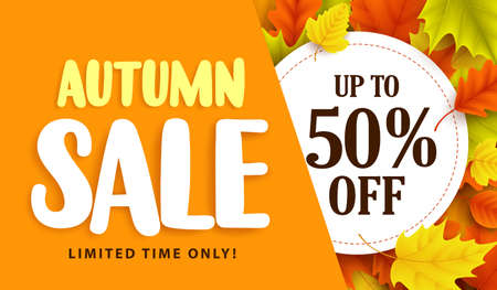 Autumn sale banner design with discount label in colorful autumn leaves background for fall season shopping promotion. Vector illustration.のイラスト素材
