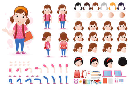 Little Girl Student Character Creation Kit Template with Different Facial Expressionsのイラスト素材