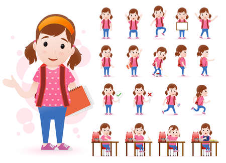 Ready to Use Little Girl Student Character with Different Facial Expressionsのイラスト素材