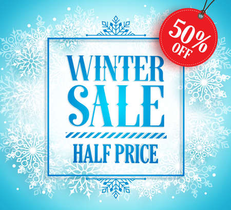 Winter sale banner design for season promotion with winter frame, snow and 50% off red discount tag.のイラスト素材