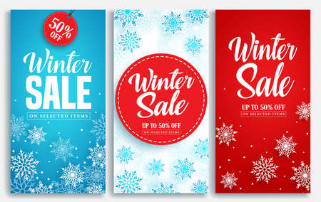 Winter sale poster or banner set with discount text and snow elements for shopping promotion.のイラスト素材