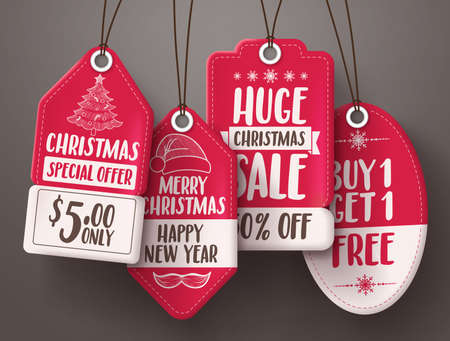 Christmas red sale tags vector set with different shapes and sale and discount text hanging for christmas seasonal promotions. Vector illustration.のイラスト素材