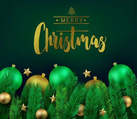 Merry Christmas Greeting Card on Green Background with Christmas Balls, Stars and Christmas Tree Leaves for Holiday Season. Vector Illustrationのイラスト素材