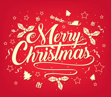 Chirstmas Simple Typography Greeting Poster on Red Background with Stars, Trees, Gifts and Santa Claus for Christmas Holiday Season. Vector Illustrationのイラスト素材