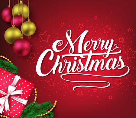 Christmas Decorative Greeting Poster in Red Vignette Background with Christmas Balls, Gift, Stars for Holiday Season. Vector Illustrationのイラスト素材
