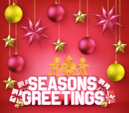 Seasons Greeting 3D Typography Decorative Poster for Christmas Holiday with Gingerbread Man and Christmas Tree Cookie on Red Background with Stars, Balls and Gifts. Vector Illustrationのイラスト素材
