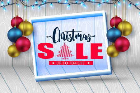 Christmas sale banner frame in wooden background with holiday elements and promotional design.のイラスト素材