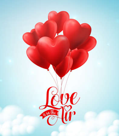 Valentines red heart balloons vector poster design with  floating love is in the air text typography in blue sky background for valentines day. Vector illustration.のイラスト素材