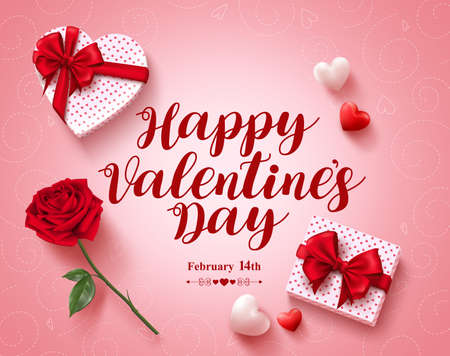 Happy valentines day text greeting card vector design with love gifts, rose and hearts elements in pink pattern background for valentines day. Vector illustration.のイラスト素材