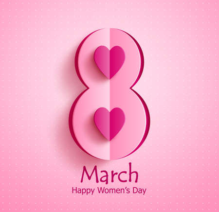 Happy women's day vector banner design with March 8 text and paper cut heart in pink pattern background for international women's day celebration.のイラスト素材