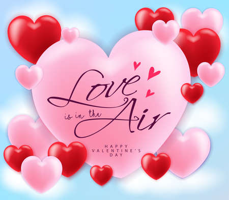Love is in the Air  and Happy Valentines Day Cute Poster Floating in Blue Sky with Clouds Background. Vector Illustration.のイラスト素材