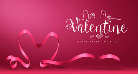 Be My Valentine Banner with Heart Vector Happy Valentines Day Greeting in Magenta Background. Vector Illustration.のイラスト素材