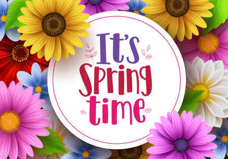It's spring time vector greeting background design template with white space for text and colorful...