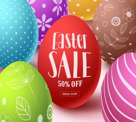 Easter sale text in red color with colorful  eggs elements in white background. Easter sale vector banner design for easter discount promotion. Vector illustration.のイラスト素材