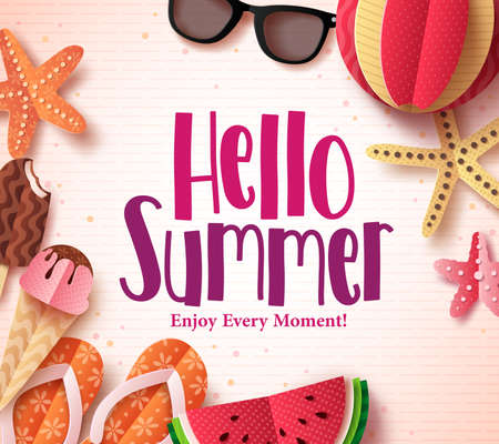 Hello summer vector background template with flat paper cut beach elements in a pattern white for summer season design. Vector illustration.のイラスト素材