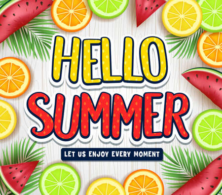 Fruity Hello Summer Poster with Palm Tree Leaves, Watermelon, Orange, Lime and Lemon in White Wooden Background.のイラスト素材