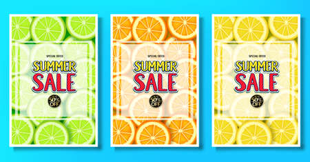 Summer Sale Fruity Posters with Lime, Orange and Lemon Fruits Backgroundのイラスト素材