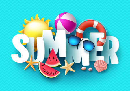 Summer 3d text banner design with colorful tropical beach elements in blue pattern background.のイラスト素材