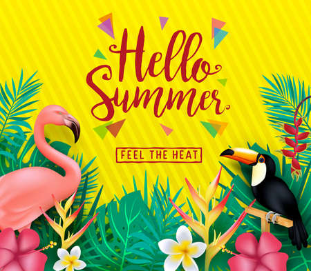 Hello Summer  Feel the Heat Poster with Tropical Leaves and Flowers in Yellow Background with...