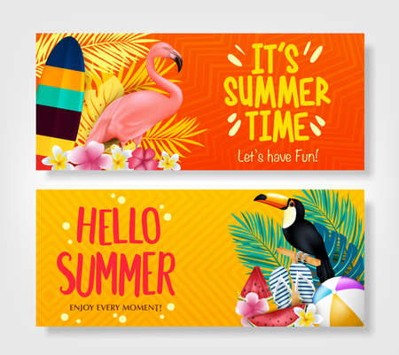 Hello Summer and It's Summer Time Creative Banners in Isolated Background. Vector Illustrationのイラスト素材