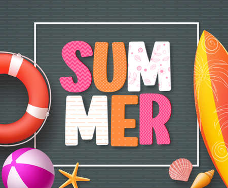 Summer banner design template with 3D colorful summer text and beach elements in black boarder patterned background. Vector illustration.のイラスト素材