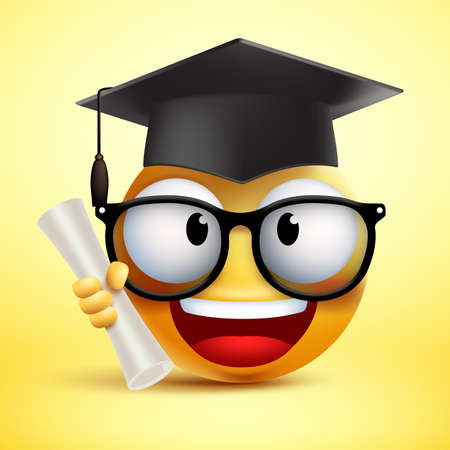 Smiley vector emoticon student smiling holding diploma and wearing black hat for graduation in yellow background. Vector illustration.のイラスト素材